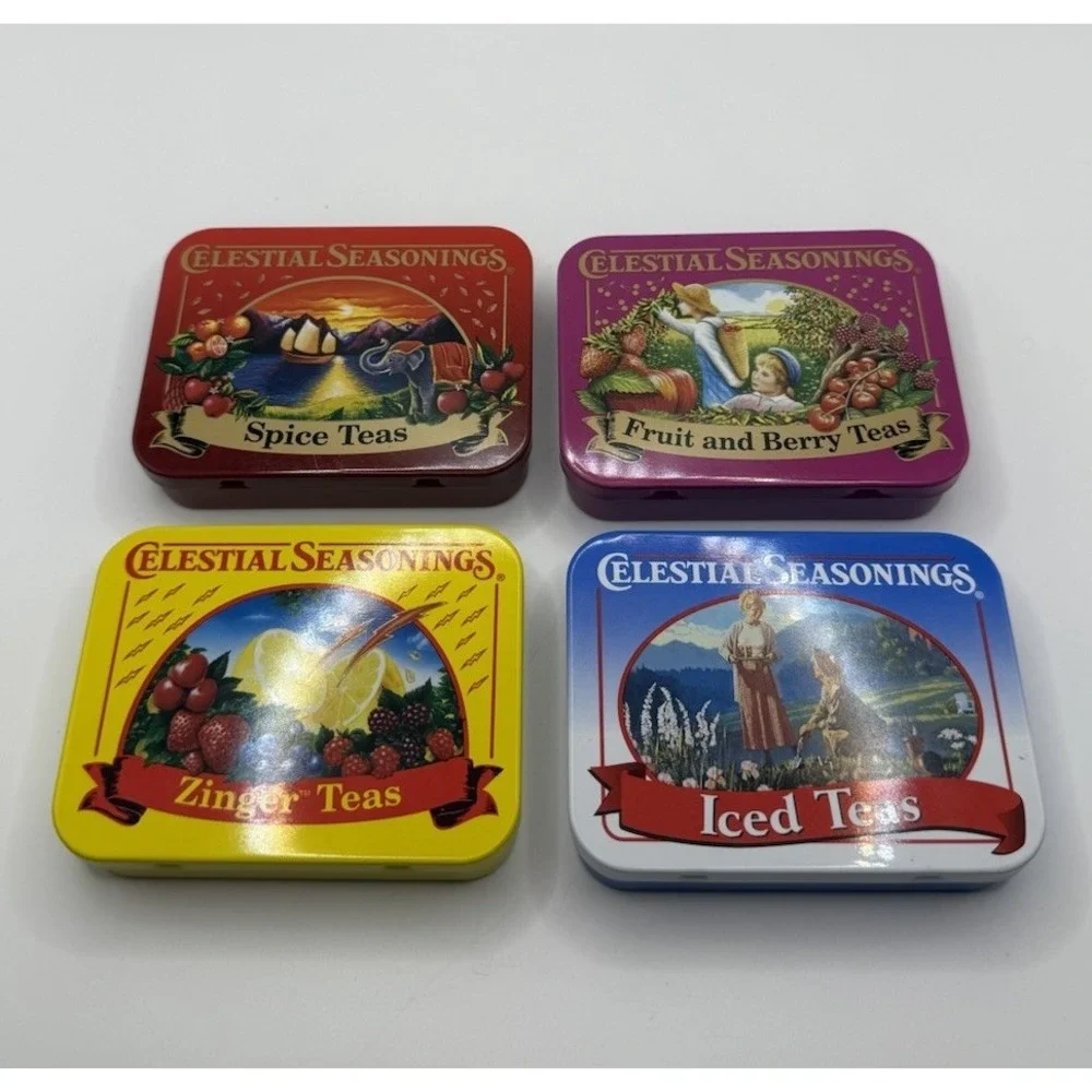 Vintage Celestial Seasonings Tea Tin Lot of 4 Mini Metal Advertising Tins
